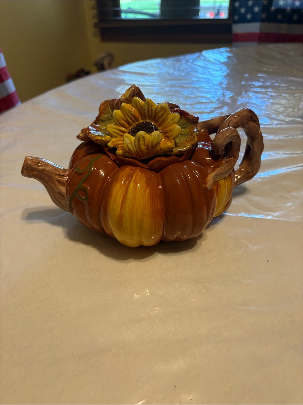 Hand-Painted Ceramic Pumpkin Teapot with Sunflower Lid - Orange